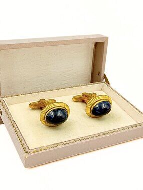 Hickok USA MCM Blue Oval Glass Cab Gold Plated Tuxedo Cufflinks